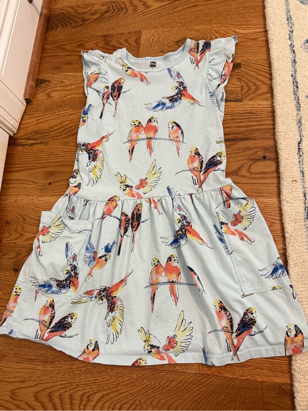 Tea Collection Girls Pop Parrot Print Light Blue Ruffle Sleeve Dress Size 8